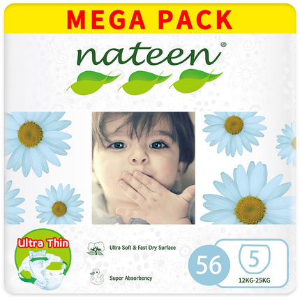 Nateen Premium Care Diaper,Size 5 (12-25kg),X-Large,56 Count Diapers,Super Absorbency,Natural Breathable Baby Diapers.