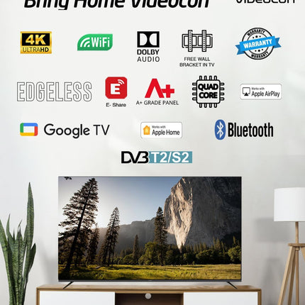 Videocon 75" Edgeless 4K UHD Official Google Tv with "Hey Google" Voice Remote, Bluetooth, Dolby Audio and Free Wall Bracket- 2024 New Model E75ELGT1100