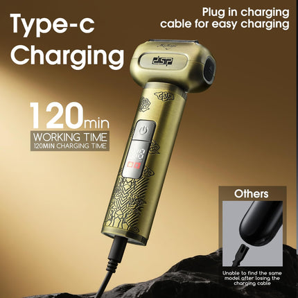 ماكينة حلاقة كهربائية للرجال من DSP، مقاومة للماء IPX6، من النوع C، قابلة لإعادة الشحن، نظام قص بأربع شفرات، ماكينة حلاقة كهربائية برقائق معدنية، قفل سفر (برونزي)