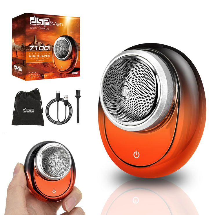 DSP Compact Men's Electric Razor - Mini Portable Shaver for Travel, Waterproof IPX7, USB-C Fast Charging, Overcharge Protection, 7100 RPM Powerful Pocket-Sized Shaving Machine (Orange)