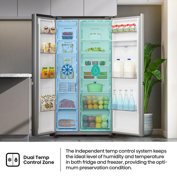 Hisense RS3N668SMI3 - Two Door Side by Side 869L Fridge, Non plumbed Water Dispenser, Dual Temp Control Zone, Durable Inverter, 91×71.7×179.5 cm (LxWxH), Silver