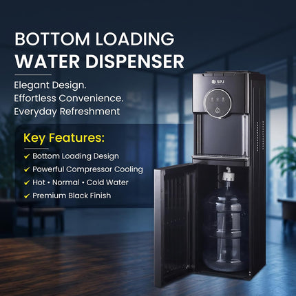 SPJ 18.9L Bottom Loading Water Dispenser, Hot Cold & Normal Water Cooler, Compressor Cooling, Child Safety Lock, Anti-Electric Shock Protection, Antibacterial, Black