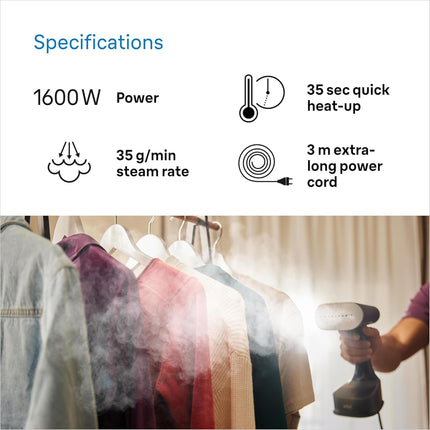 Braun QuickStyle 7, Garment Steamer with Dual Heated FreeGlide 3D Plate, Handheld Garment Steamer with FastHeating 35 Sec, Vertical Ironing, Capacity 250ml, Cord 3m, 1600 Watts - GS 7077 BK - Black