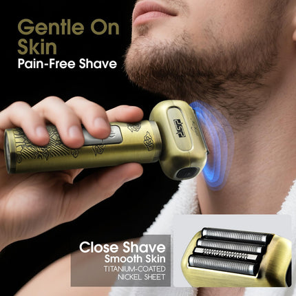 ماكينة حلاقة كهربائية للرجال من DSP، مقاومة للماء IPX6، من النوع C، قابلة لإعادة الشحن، نظام قص بأربع شفرات، ماكينة حلاقة كهربائية برقائق معدنية، قفل سفر (برونزي)