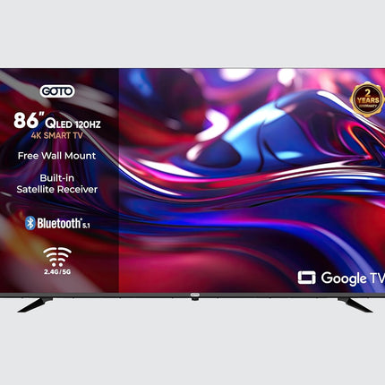 GOTO 86 Inch Smart TV | Frameless | 4K UHD | QLED | 120Hz | Official Google TV | Quad-Core Processor | Voice Control | 2.4G/5G WiFi | Bluetooth 5.0 | Chromecast Built-in | Built-in DVB-T2/S2