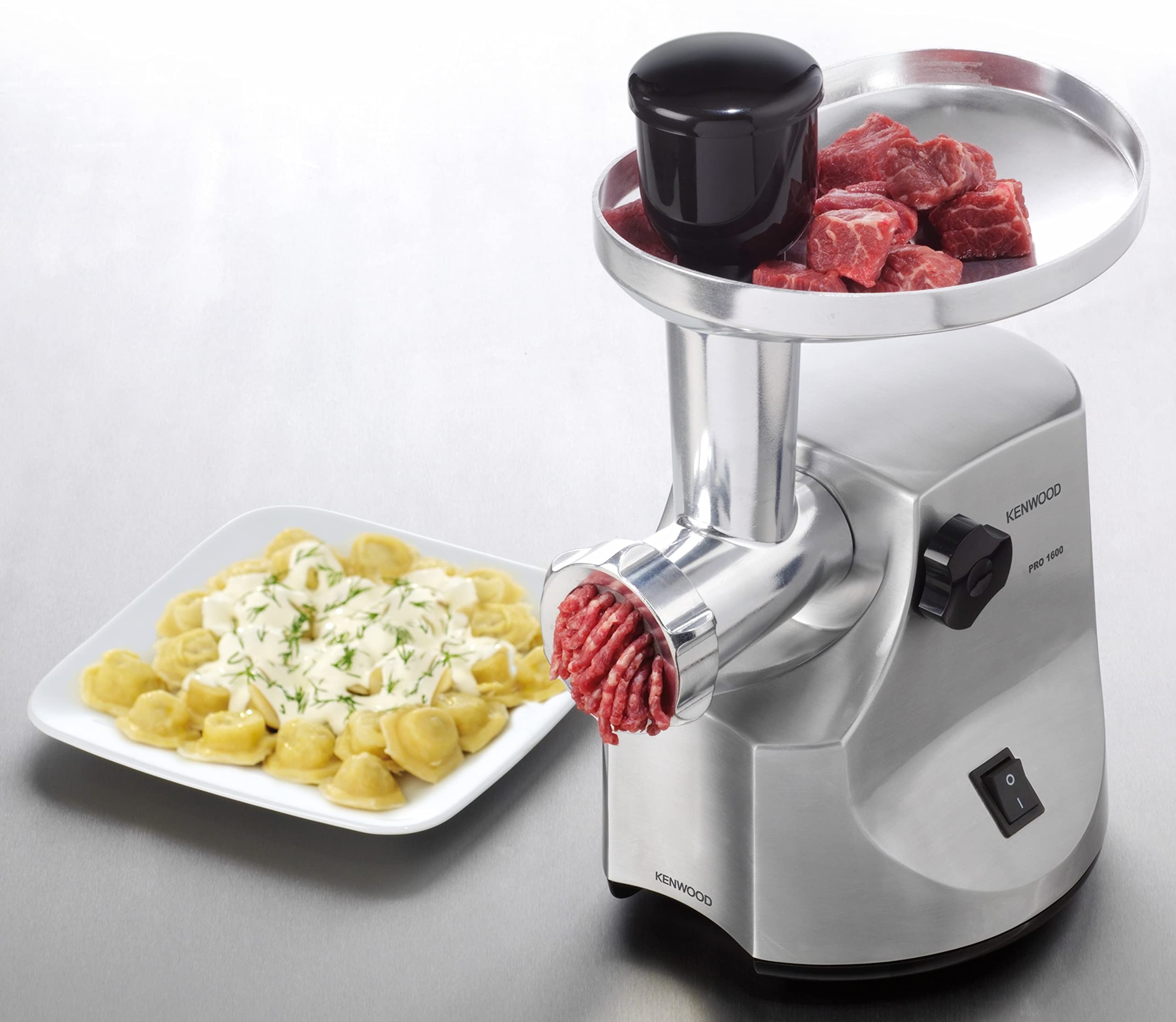 KENWOOD Meat Grinder 1600W Powerful Metal Body Meat Mincer with Kibbeh Maker Sausage Maker, Feed Tube Pusher, 3 Stainless Steel Screens for Fine, Medium & Coarse Results MG510 Silver