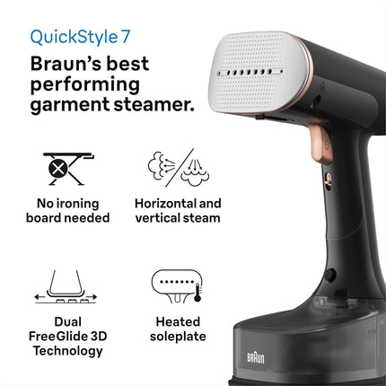 Braun QuickStyle 7, Garment Steamer with Dual Heated FreeGlide 3D Plate, Handheld Garment Steamer with FastHeating 35 Sec, Vertical Ironing, Capacity 250ml, Cord 3m, 1600 Watts - GS 7077 BK - Black