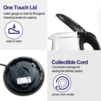 Homey Electric Glass Kettle 1.7L Capacity 1850-2200W Fast Boiling, Boil Dry Protection, Auto shut-off, LED Indicator, 1 year manufacturer warranty