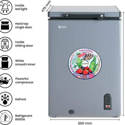 SPJ 130 Litres Chest Freezer, Hard Top Single Door Chest Freezer, White Smooth Inner, Inside Sliding Door, Powerful Compressor, For Home & Restaurants, Color - GREY, POSH-SLW130C