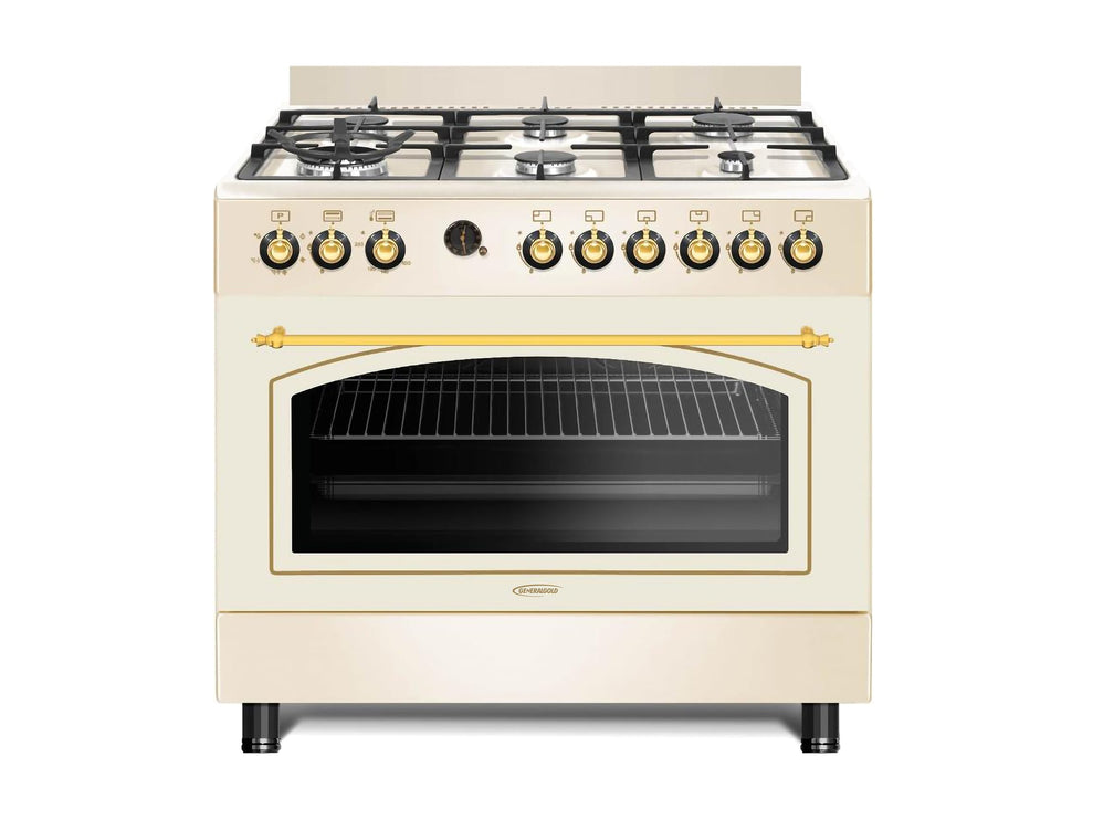 General Gold 90x60 cm Freestanding Gas Cooker 6 Burner, Dual Wok, Gas Oven Grill with Triple Glass Door, 90cm Heavy Duty Cooking Range Automatic Ignition, Full FFD Safety, Rotisserie, Cooling Fan
