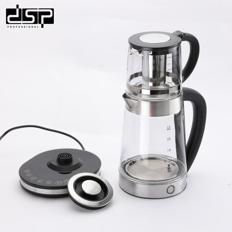 DSP Glass Electric Kettle with Samovar, 2000W Real Power, 1.0L and 2.5L Capacity, 5 Temperature Settings, Boil-Dry Protection, Keep Warm Function, -KK1277