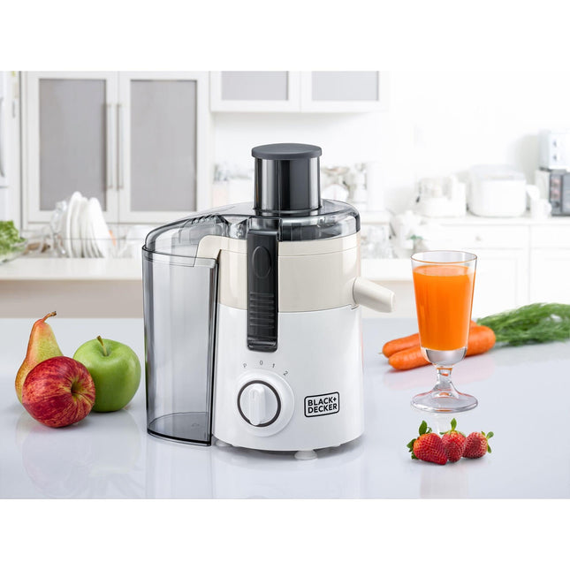 Black & Decker 250W juicer with pulp separator, large fruit feed chute, white/gray - JE250-B5