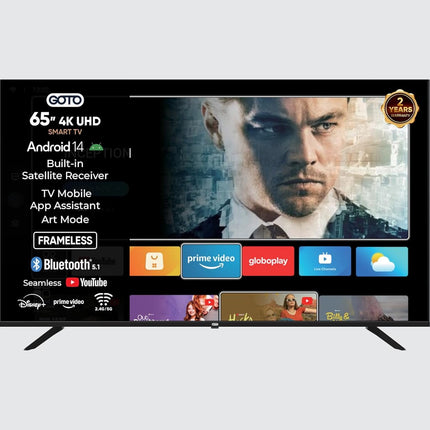 GOTO 65 Inch Smart TV | Frameless | 4K UHD | Android 14 Plus Smart TV | Chromecast Built-in | TV Assistant Mobile App | 2.4GHz/5GHz WiFi | Bluetooth 5.1 | Built-in DVB-T2/S2 | Free Wall Mount