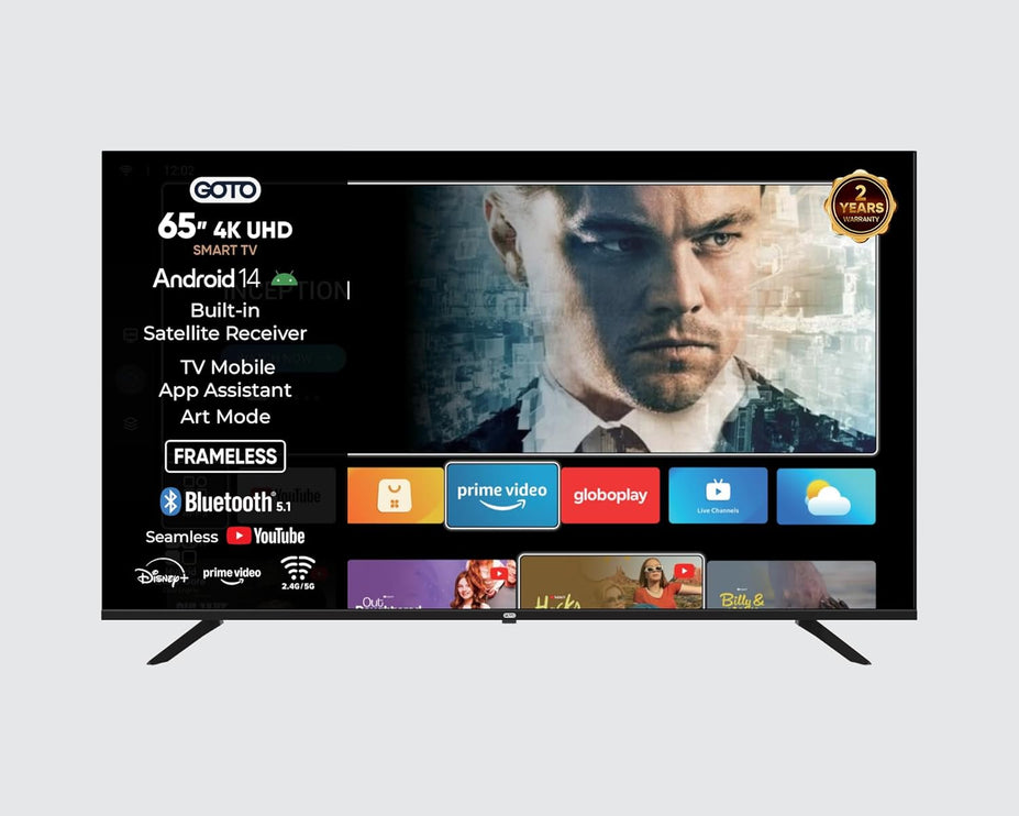 تلفزيون GOTO الذكي 65 بوصة | بدون إطار | دقة 4K UHD | نظام تشغيل أندرويد 14 بلس | كروم كاست مدمج | تطبيق مساعد التلفزيون للهواتف المحمولة | واي فاي 2.4 جيجاهرتز/5 جيجاهرتز | بلوتوث 5.1 | جهاز استقبال رقمي مدمج DVB-T2/S2 | حامل جداري مجاني