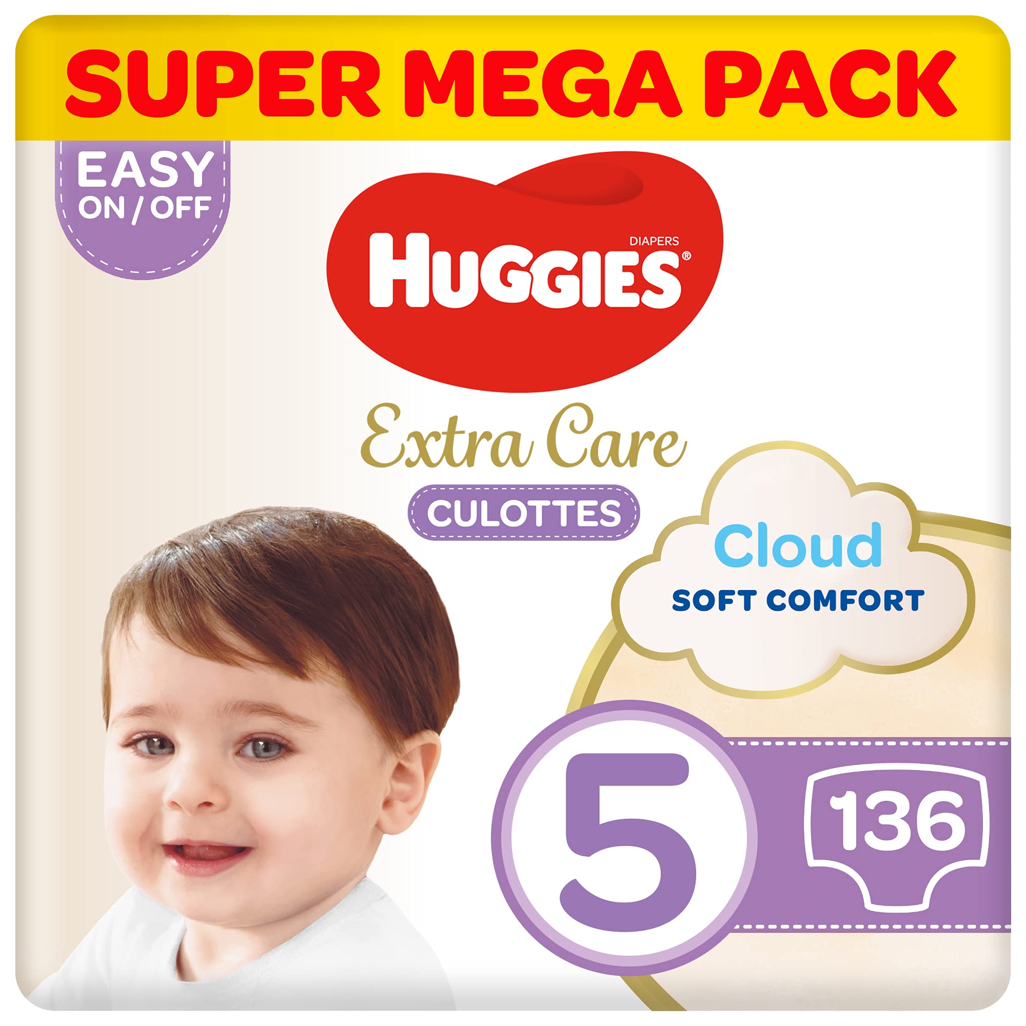 Huggies Extra Care Pants - Size 5, Super Mega Pack, 12-17 kg, 136 Diaper سروال حفاضة اكسترا كير من هاغيز - مقاس 5، عبوة سوبر ميجا، 12 - 17 كغم، 136 قطعة