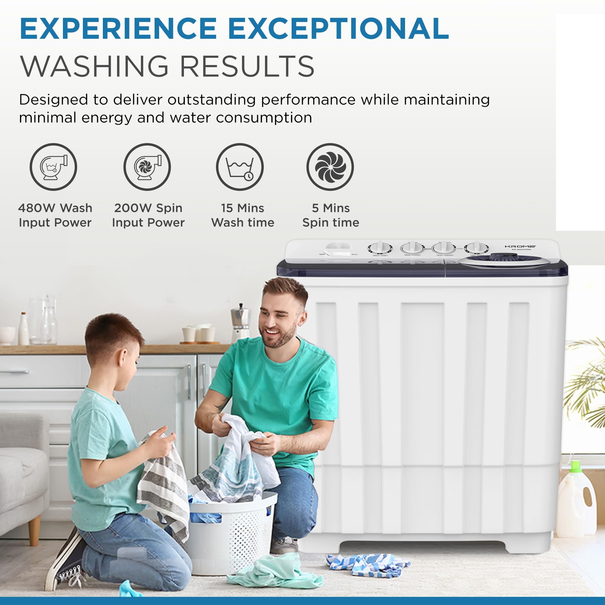 KROME 20KG Twin Tub Semi-Automatic Washing Machine, Mechanical Wash Timer, Intuitive Control, Durable Aluminium Spin Motor, 480W Wash & 200W Spin Input Power, White,KR-WSA200K