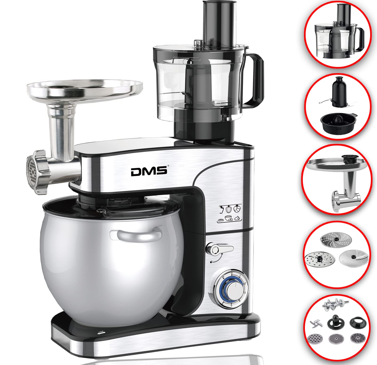 DMS® 5-in-1 Stainless Steel Food Processor Mixer 12L Kneading Machine Stainless Steel Bowl Splash Guard Multi Chopper Citrus Juicer Meat Mincer Stand Mixer 6-Stage 2500 Watt