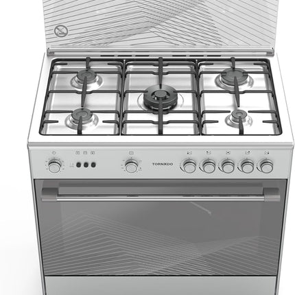 Tornado 90x60cm Freestanding Cooker, Full Gas Cooking Range with 5 Burners, Automatic Ignition & Full Safety, Convection Fan, Stainless Steel Finish, Separate Knob 9T10BRC1X01SG