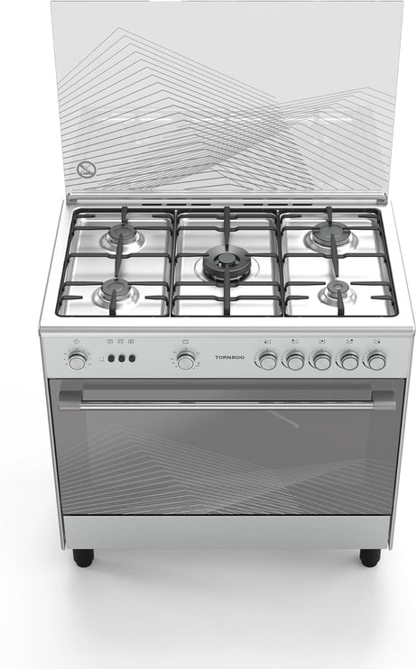 Tornado 90x60cm Freestanding Cooker, Full Gas Cooking Range with 5 Burners, Automatic Ignition & Full Safety, Convection Fan, Stainless Steel Finish, Separate Knob 9T10BRC1X01SG