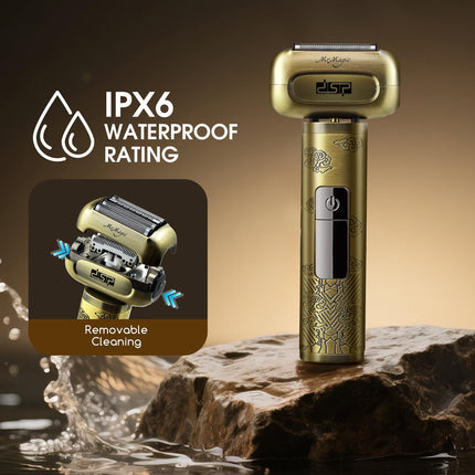 ماكينة حلاقة كهربائية للرجال من DSP، مقاومة للماء IPX6، من النوع C، قابلة لإعادة الشحن، نظام قص بأربع شفرات، ماكينة حلاقة كهربائية برقائق معدنية، قفل سفر (برونزي)