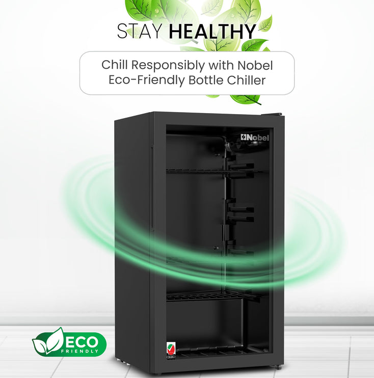 Nobel 125L Gross/ 85L Net Capacity Bottle Chiller Single Glass Door, Mechanical Control, LED Light, Adjustable Temperature, Energy Efficient, R600a Refrigerant NBC125RH Black