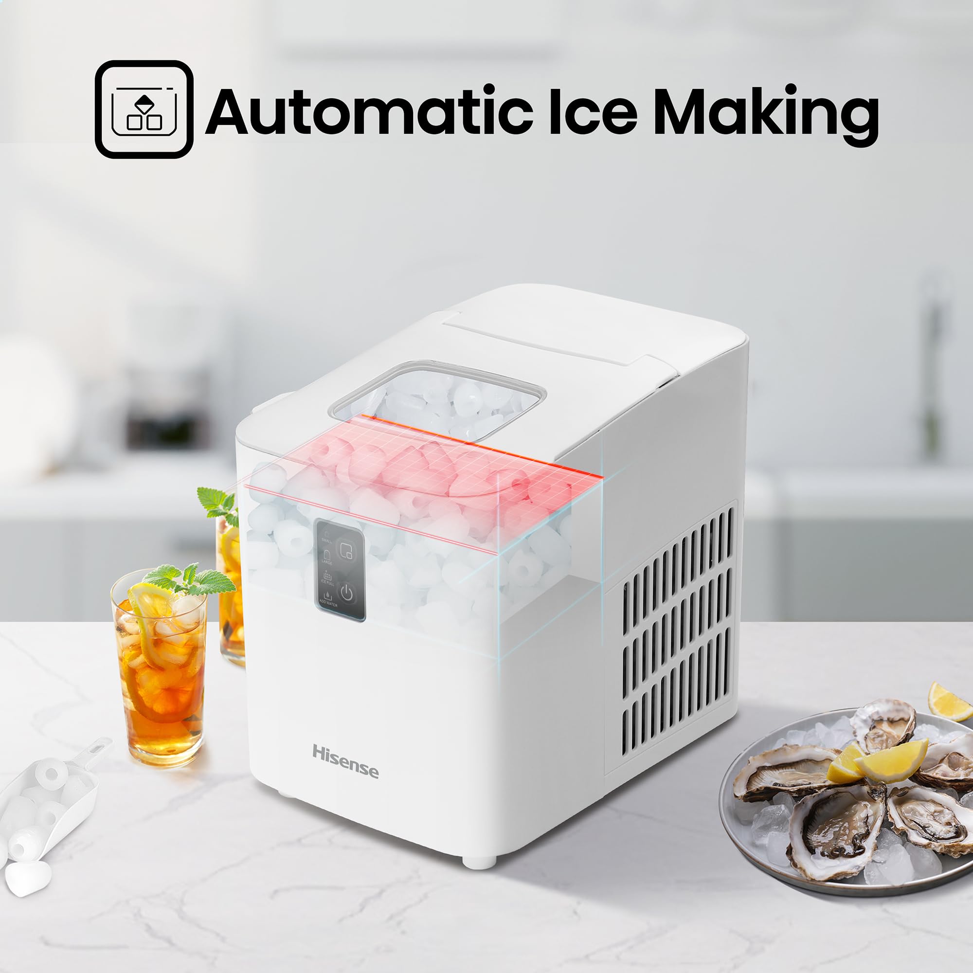 Hisense Ice Maker, Automatic ice making , Portable and compact, Fast ice making, 2 sizesice cubes, Transparent view window, Self-cleaning, ICM1263