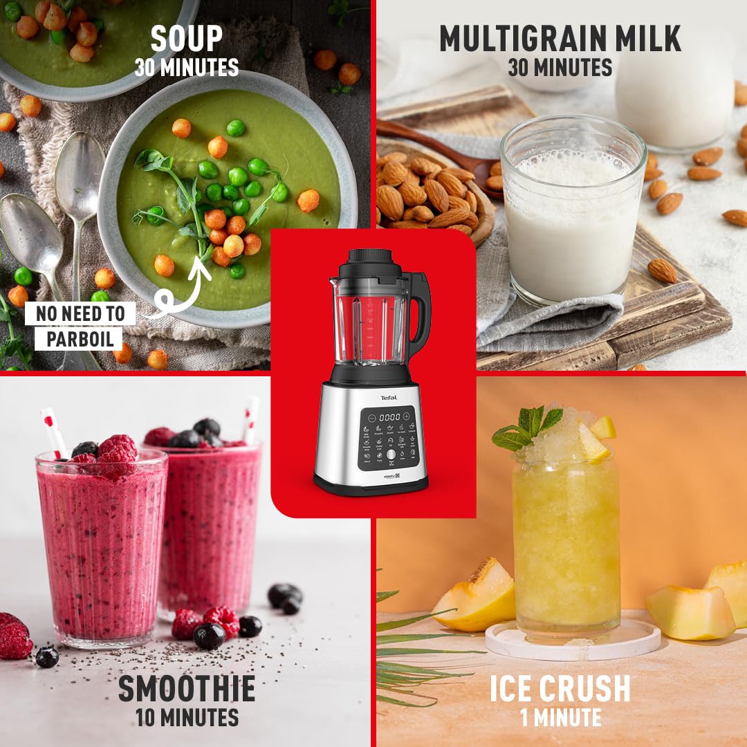 Tefal Blender & Soup Maker Perfectmix Cook, 2L, 10 Auto Programs, Smoothie Maker, Removable Blades, Cleaning Program & Brush, Glass Jug, Tamper, Hot & Cold Kitchen Blender, Cooking, BL83SD65