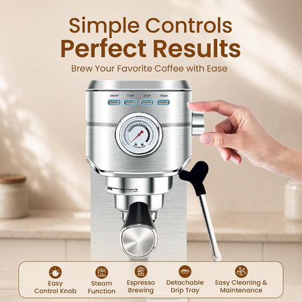 SPJ 20-Bar Espresso Coffee Machine with Professional Pump, Stainless Steel Espresso Maker, Real-Time Pressure Gauge, 1L Removable Water Tank, Cappuccino & Latte Maker, Silver, 1-Year Warranty