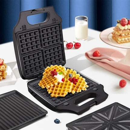 dsp waffle maker machine 3 in 1, 1400W, 25.4x21.5 cm Plate, Removable Plates, Non-Stick Coated Aluminum, Power Indicator Light, Overheat Protection & Safety Lock, KC1236