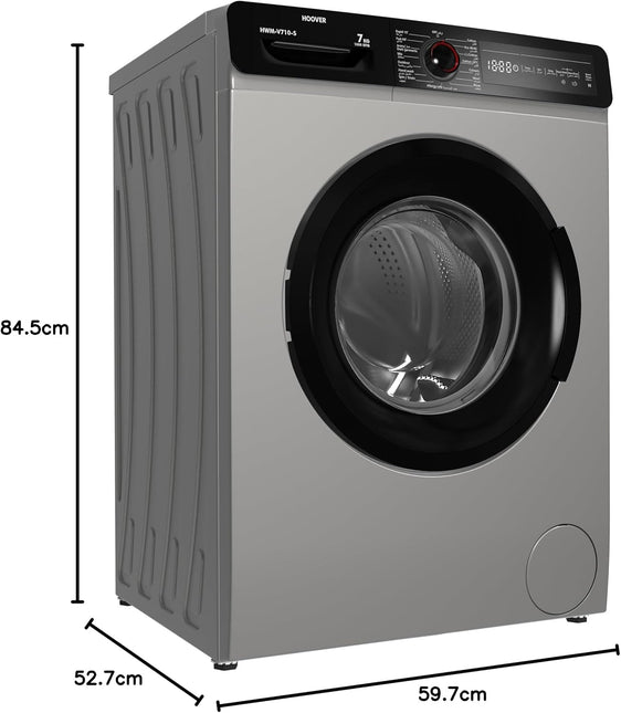 Hoover 7Kg Front Load Washing Machine, Fully Automatic, 1000 RPM, 15 Programs,Foam Protection, Child Safety Lock, Eco-Logic System, Silver, Made in Turkey, 1 Year Warranty, HWM-V710-S