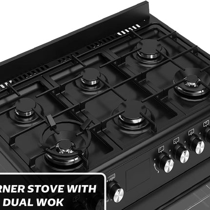 General Gold 6 Burner Gas Cooking Range 90x60 cm, Freestanding Cooker Italian Parts, Gas Oven Grill with Triple Glass Door, Dual Wok Burners, Cast Iron Pan Support, Rotisserie, Heavy Duty Stove