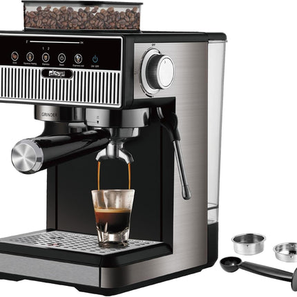 DSP Professional Coffee Machine Stainless Steel Home Use Espresso Coffee Maker 1.7L 20bar Espresso Coffee Maker 1350W with innovative 150g bean Grinding system KA3125