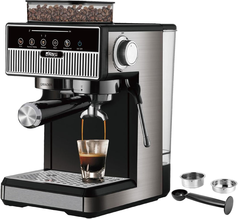 DSP Professional Coffee Machine Stainless Steel Home Use Espresso Coffee Maker 1.7L 20bar Espresso Coffee Maker 1350W with innovative 150g bean Grinding system KA3125