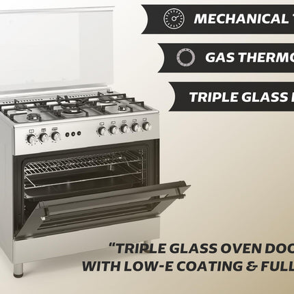 General Gold 90x60 cm Freestanding Gas Cooker with 5 Burners, Gas Oven and Grill with Cooling Fan, Triple Glass Door, Push Button Ignition, Full FFD, Sabaf Burners (With Turbofan)
