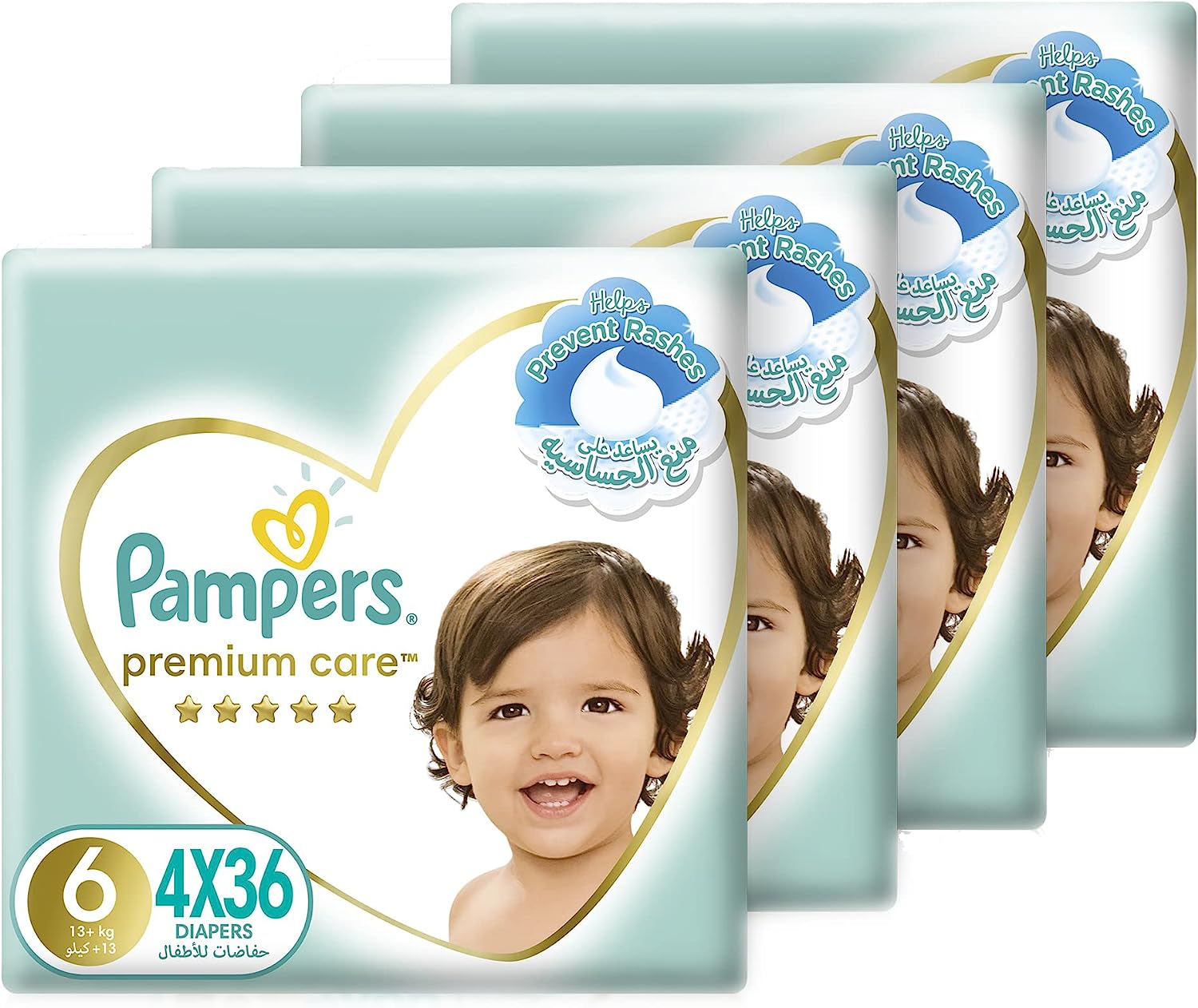Pampers Premium Care Diapers, Size 6, 13+ Kg, The Softest Diaper And The Best Skin Protection, 144 Baby Diapers حفاضات بامبرز عناية مميزة، مقاس 6، +13 كغم،  144 حفاضة