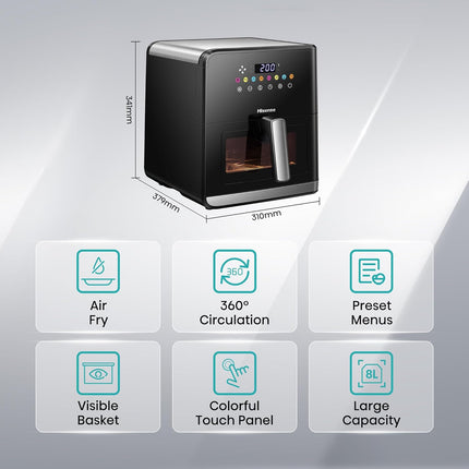 Hisense H09AFBKS4S 1700W Air Fryer with Colorful Touch Panel and Visible Cooking Window, 8 Liter Capacity, Black