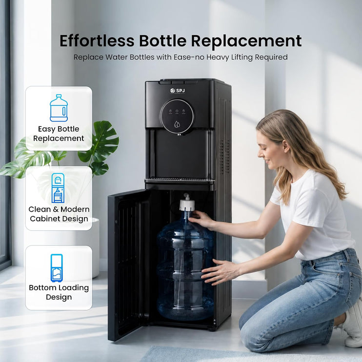 SPJ 18.9L Bottom Loading Water Dispenser, Hot Cold & Normal Water Cooler, Compressor Cooling, Child Safety Lock, Anti-Electric Shock Protection, Antibacterial, Black