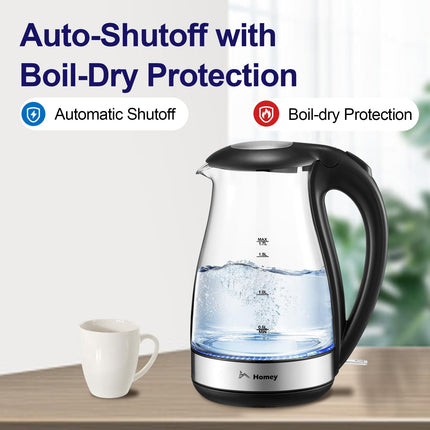 Homey Electric Glass Kettle 1.7L Capacity 1850-2200W Fast Boiling, Boil Dry Protection, Auto shut-off, LED Indicator, 1 year manufacturer warranty
