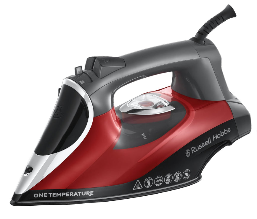 Russell Hobbs 2600W One Temperature Steam Iron, 350ml Capacity, Safe for all Fabrics Ironing & 50 g Steaming Including Abaya مكواة بخار 2600 واط من راسل هوبس، امنة لجميع الاقمشة للكي والبخار بما في ذلك العباية