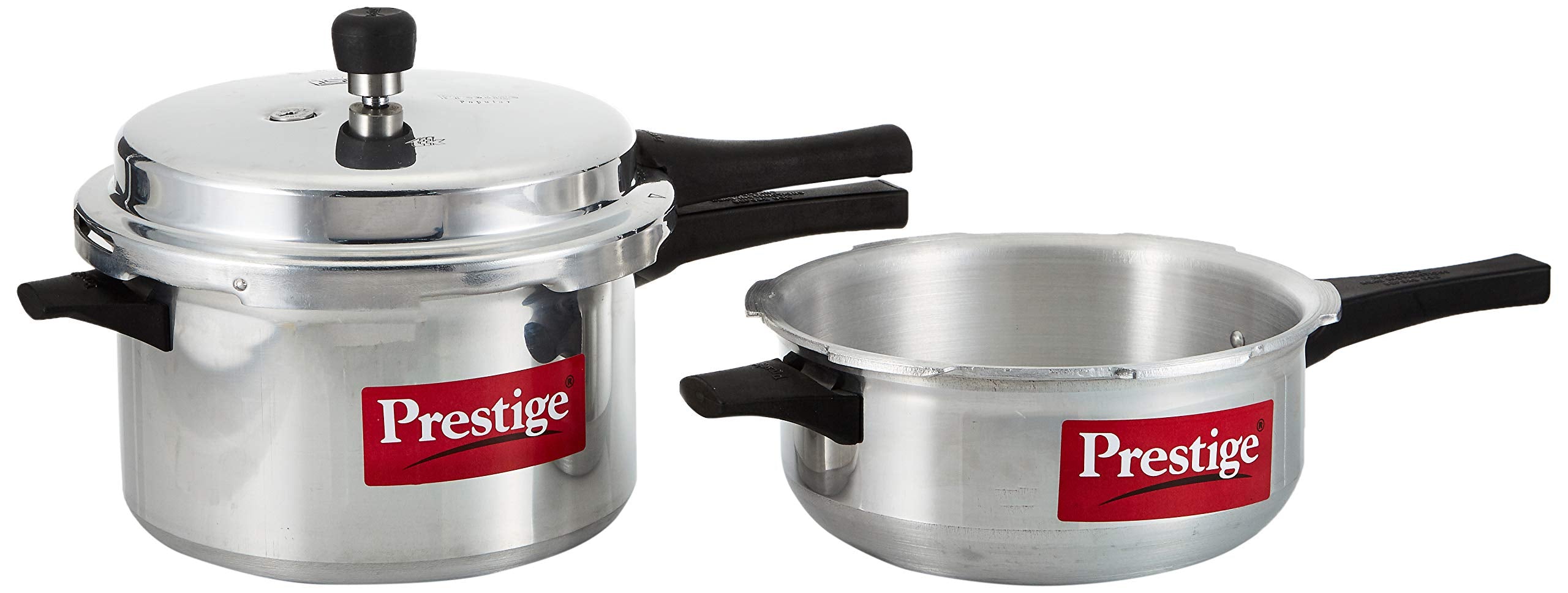 Prestige 2 Pieces Pressure Cooker Set | Aluminium Pressure Cooker With Lid and Pressure Pan without Lid | Silver/مكونة من قطعتين طنجرة ضغط من الألومنيوم بسعة 5.5 لتر و3 لتر