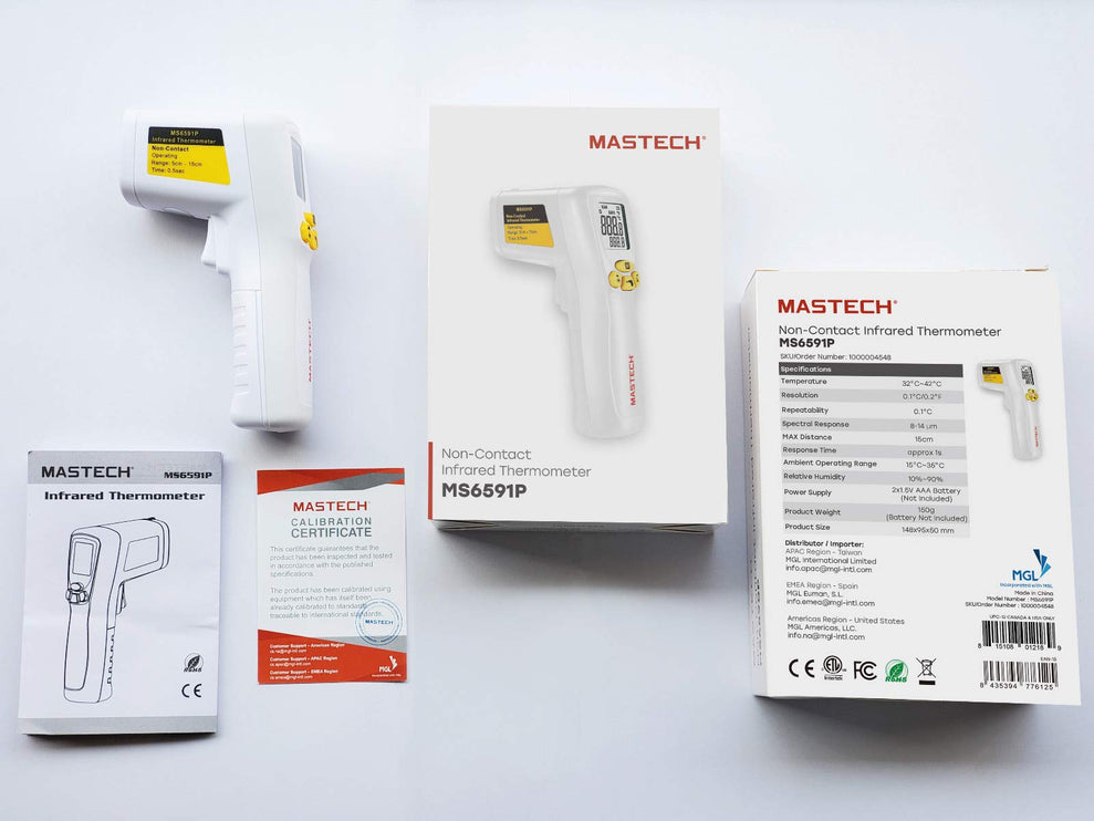 Mastech MS6591P Infrared Digital Thermometer Non-Contact Forehead with 2 measurement modes: Body (32ºC-42ºC) and Surface (0ºC-100ºC)