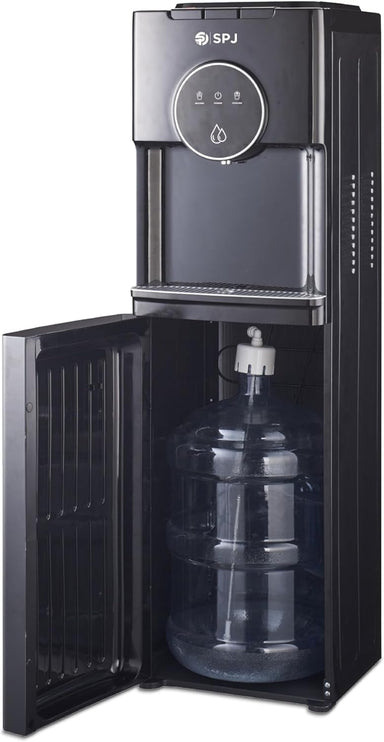 SPJ 18.9L Bottom Loading Water Dispenser, Hot Cold & Normal Water Cooler, Compressor Cooling, Child Safety Lock, Anti-Electric Shock Protection, Antibacterial, Black