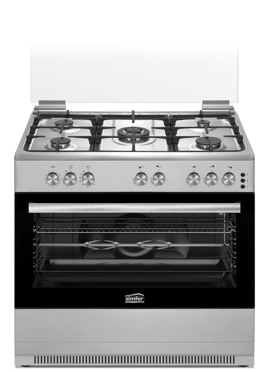 SIMFER SMF9065GCM SS 90x60 Gas Cooker, Gray Ceramic Oven, Cast Iron Pan Support, 4+1 Wok Burner, Removable Oven Glass, Telescopic Legs, Round Baking Tray