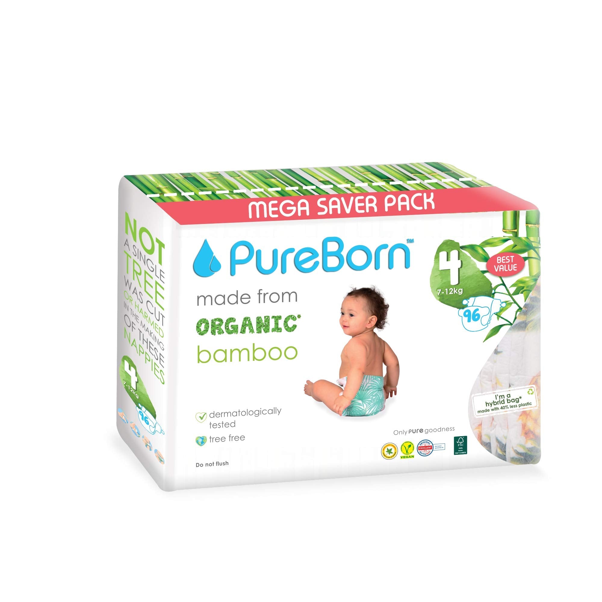 Pureborn Organic-Natural Bamboo Baby Disposable Size 4 Diapers-Nappy عبوة حفاضات للاستعمال مرة واحدة مقاس 4 من بيوربورن من 7 إلى 12 كجم، 96 قطعة