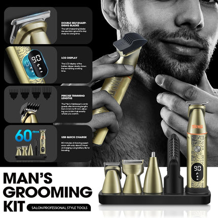 DSP 6 in 1 Man's Grooming Kit, Clipper and Trimmer Set, Trimmer Professional Barber, Shaving Mustache, Body, Nose Hair Trimmer, Waterproof IPX6, U-Shaped Hair Clipper