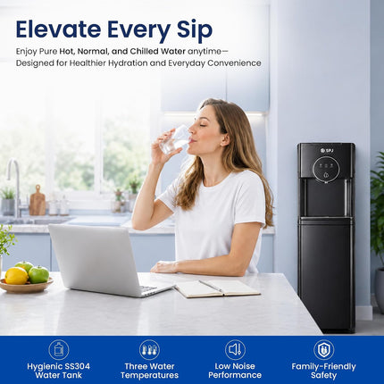 SPJ 18.9L Bottom Loading Water Dispenser, Hot Cold & Normal Water Cooler, Compressor Cooling, Child Safety Lock, Anti-Electric Shock Protection, Antibacterial, Black