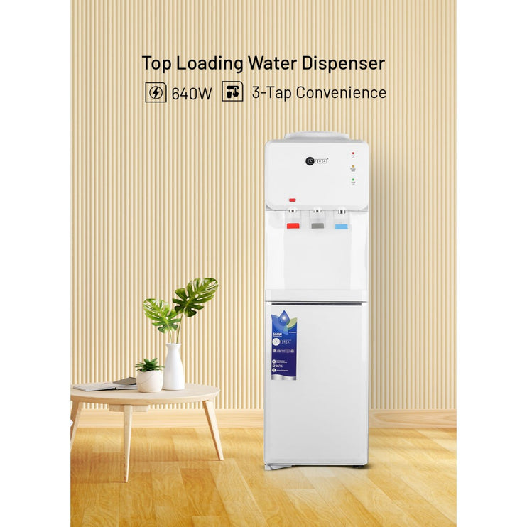AFRA Top Loading Water Dispenser with Bottom Refrigerator 3 Tap Heating Power 550w Cooling Power 100w White, Dry Protection-Double thermostat, Rust Proof Water Tank, AF-9830WDWH