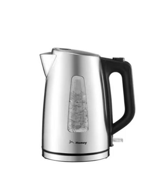 Homey Portable electric kettle for tea and coffee. Stainless steel, 1.7L capacity. Automatic shut-off. Black and silver design/2200W