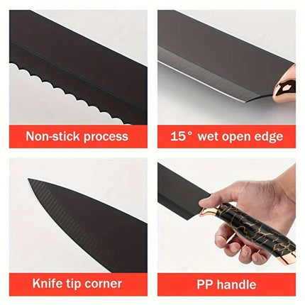 OSOOKE 9-Piece Black Non-Stick Kitchen Knife Set, Rose Gold Marble Handle, Integrated Knife Holder
