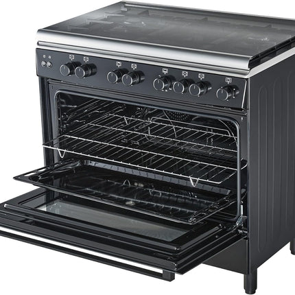 موقد غاز هوفر 90×60 بوصة بخمسة شعلات غاز (واحدة منها مخصصة للووك)، مزود بميزات أمان كاملة، وفرن غاز وشواية، وإشعال تلقائي، ودعامة من الحديد الزهر، ومروحة مزدوجة لتوزيع الحرارة، وباب زجاجي مزدوج، وضمان لمدة عام واحد، لون أسود -HGC-G95G-RB